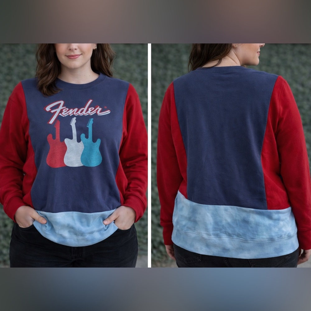 Custom Upcycled Fender Sweatshirt Pullover Graphic Shirt Top OOAK XXL 2XL